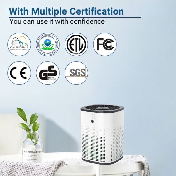 Compact air purifier in a bedroom setting